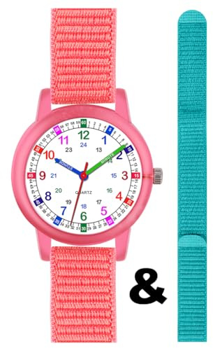 Brecjon Kinder Armbanduhr Mädchen Lernuhr Einschulung analog Quarz Wechsel Klett Armband Nylon Varianten rosa violett türkis (4012 rosa-türkis)
