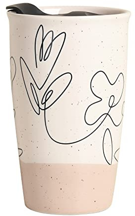 ANTIS'S HOME Coffee to go Becher mit Silikondeckel, Doppelwandiger Keramik Thermobecher 290ml mit stilvollem linearen Blumenmuster, Isolierter Porzellan Kaffeebecher Wiederverwendbarer Trinkbecher