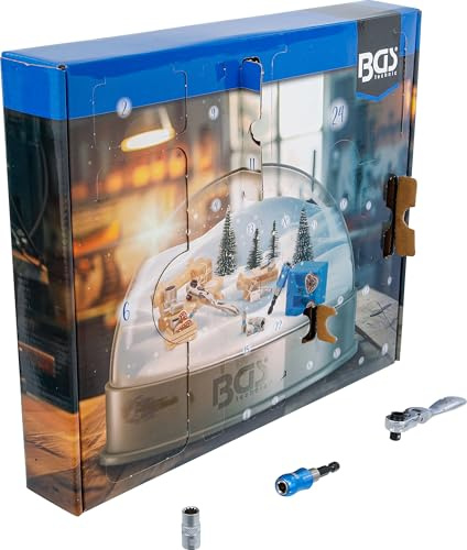 BGS 95010 | Werkzeug-Adventskalender | 1/4 Bit- und Steckschlüssel-Set | Gelenkknarre | Bithalter mit Schnellwechsler | Magnetheber 650 mm | Magnet-Haftschale | Hartschaumeinlage