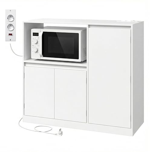 VASAGLE Custos Kollektion - Küchenschrank, Aufbewahrungsschrank, Sideboard mit Arbeitsplatte, Mikrowellenregal, mit 1 offenem Fach, 3 Türen, verstellbaren Ablagen, wolkenweiß BBK373WB01