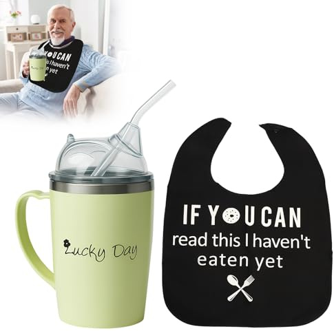 HEUIOP 350ml Adult Sippy Cup&Bib,3-in-1 Adult Sippy Cup,Stainless Steel Beakers for Elderly Non Spill with Lid and 30cm Straw for Elderly Patient People with Limited Mobility or Disabilities