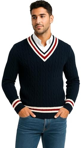 Mens Cable Knit Cricket Jumper Pullover Sweater, Comfortable, Warm, and Perfect for Everyday Wear,Classic,Soft Premium Fabric. Blue