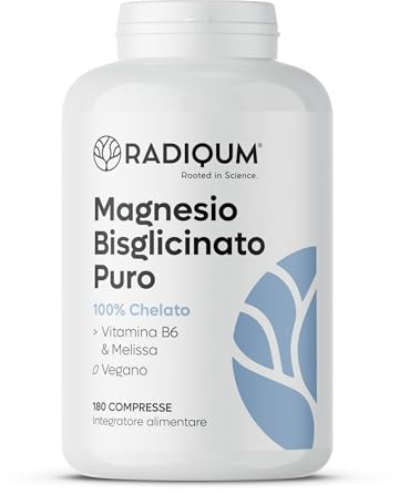 Magnesio Bisglicinato Puro | 3360 mg di Magnesio Glicinato ad alto assorbimento | 180 Compresse | Stress, Stanchezza, Crampi e Sonno | Vitamina B6 e Melissa | Vegan | Senza glutine