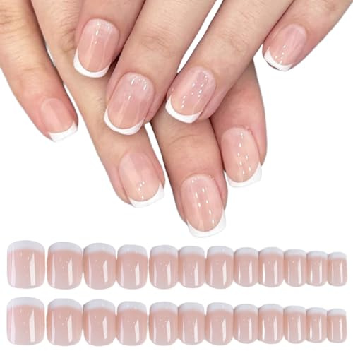 24 Pezzi Press On Nails Corto, Nude Quadrato Finto Unghie Press On Gel French Fake Nails Riutilizzabili Copertura Completa, Unghie Finte Adesive Acrilico per Donne e Ragazze