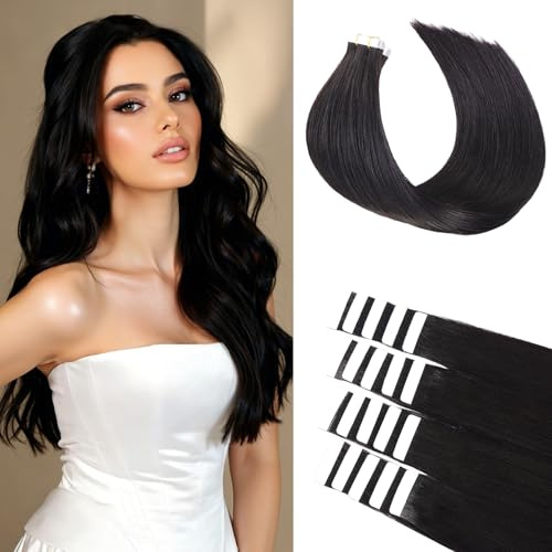 BLONDE UNICORN Extensiones Adhesivas Pelo Natural 20pcs Extensiones Pelo Natural 35cm Negro natural Extension de Cabello Naturales Invisibile Cabello Humano Naturales 40g(14inch,1B#)