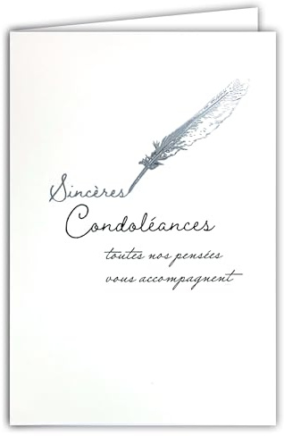 64-1094 Carte Sincères Condoléances Toutes nos pensées vous accompagnent Plume Argentée Illustration Fine et Délicate sur Papier Mat - Avec Enveloppe Blanche Format 12x17,5cm - Fabriqué en France