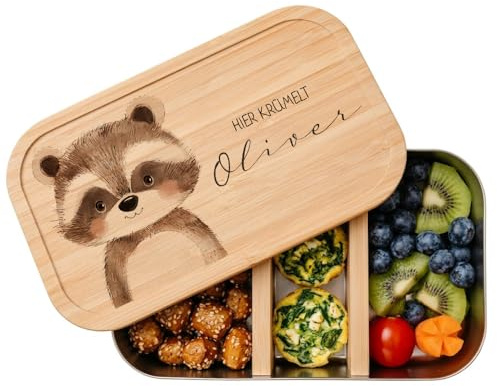 Personalisierte Brotdose mit Namen für Kinder Lunchbox Waldtiere Frühstücksdose Kindergarten Schule Einschulung Mädchen Jungen 2 Größen (Waschbär, Weißblech | Größe S (18x10x5cm))