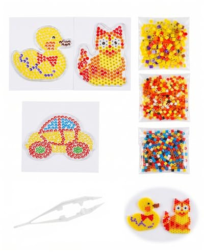 QEQSHQO Set Perles à Repasser 5mm Midi - Lot de 3 avec Plaques & Motifs Voiture, Canard, Chat | Kit Créatif Enfants Dès 5 Ans, Idéal Développement Motricité & Imagination