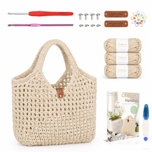 BOUFEIDA Häkelset für Anfänger Häkeltasche, Häkelset Tasche mit Häkelnadel 4,5mm, Anleitung, Ergonomische Weicher Griff Häkelnadeln Set, Kreative Geschenke für Töchter, Familie und Freunde