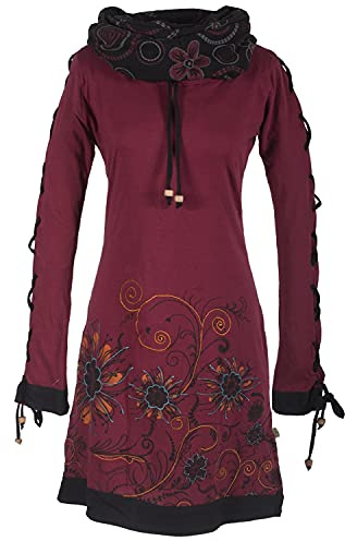 Vishes - Alternative Bekleidung - Bedrucktes Langarm Damen Blumen Kleid mit Schalkragen und Schnüren dunkelrot 44
