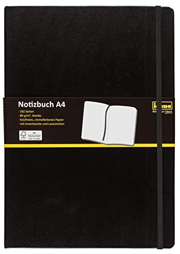Idena 209292 Notizbuch FSC-Mix, A4, liniert, Papier cremefarben, 96 Blatt, 80 g/m², Hardcover in schwarz (DIN A4 | 3er Pack, blanko)
