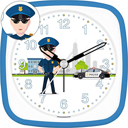 Eurotime 27123-08 - Reloj Alarma Despertador Infantil (carcasa de plástico y cristal de plástico, silencioso, sin tic tac, con luz y función de repetición de alarma), diseño de policía