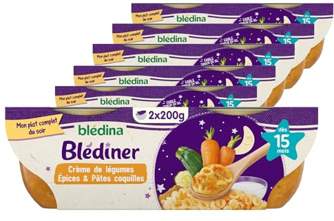 Blédina - Blediner - 12 bols - Crème de Légumes aux Epices Douces et Pâtes Coquilles - Pour le Diner de bébé dès 15 Mois - Pack de 6x2