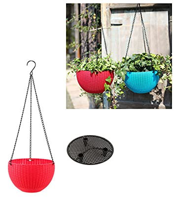 RAILONCH 2 Stück Blumentopf Hängend Balkon Blumenampel, Kunststoff Rattan Hängekorb mit Kettenhaken, Selbstbewässerung Blumenampeln für Garten, Balkon, Fensterbank (Rot-Kleine,Mit Wassernetz)