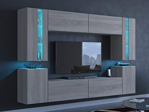 Furnitech TV-Schrank zum Aufhängen, modernes Design, mit Säulen, Vitrinen und Aufbewahrung, RGB-Beleuchtung (16 Farben), 24/M/S/4 1B groß
