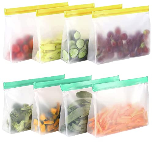8 sacchetti riutilizzabili in silicone con cerniera e supporto per alimenti, sacchetti per congelamento, sacchetti per panini, sacchetti per verdure, latte, snack, carni