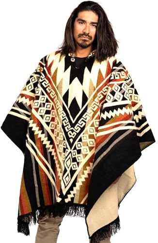 DAVLINA, ALPACA Wollponcho mit Kapuze und Aztekenmuster, einzigartig und handgefertigt in Ecuador. dicker, warmer und weicher Wollponcho, Schwarz-Rot Varicolored, Einheitsgröße