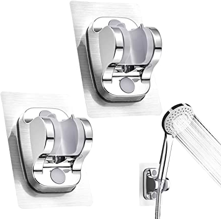 OMIGA Brausehalter Verstellbar Duschhalterung Ohne Bohren Duschkopfhalterung Selbstklebend Wasserdicht Duschkopf Halterungen für die wand Bad (2 Stück/ Silver)