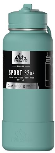 Hydrapeak 32oz Sport Insulated Water Bottle with Straw Lid, Leak & Spill Proof, Keeps Drinks Cold for 24 Hours, Hot for 12 Hours, Premium Stainless Steel Water Bottles (32oz, Pale Sage)