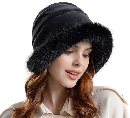 Lifup Damen Hut Winter Weiche Kunstpelz Flauschige Fischerhut Fuzzy Eimer Hut Breite Krempe Fellmütze Schwarz One Size