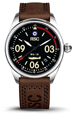 RSC Pilot's Watches Uomo 39mm Orologio da aviatore analogico svizzero al quarzo Spitfire, marrone scuro, Militare