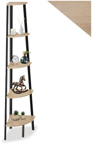 tectake® Eckregal stehend, Nischenregal mit 5 Ebenen, Wandregal Holz, Industrial Bücherregal, Eckschrank,34 x 34 x 158,5 cm, Leiterregal, Zimmer Deko - Industrial Holz hell, Eiche Sonoma