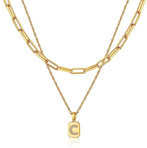 KeyStyle Gargantilla en capas con letras doradas para mujer, cadena lariat con inicial chapada en oro de 14 quilates, lindas cadenas de clip para papel, collares minimalistas de joyería, 14 inches