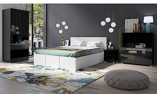 Lomadox Schlafzimmer Set 5-teilig mit Bett 160x200cm, 2 Nachttische, Kleiderschrank 2-TRG., Highboard in schwarz Hochglanz mit weißem Kunstleder Modern