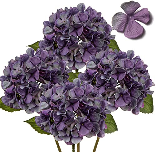 Hollyone 4 pcs Purple Grey Hydrangea Artificial Flowers with 16.9'' Long Stem, Fake Flowers Dried Flowers, Artificial Hydrangea Plants for Kitchen, Home Decor, Party, Wedding Decorations