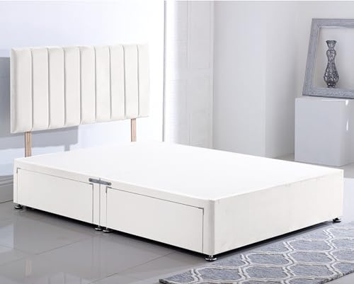 ComfoRest Stripe 4FT Small Double Divan Bed with Storage Drawers - White | Made in Britain, 121.5 x 190.5cm, Stripe headboard. Sturdy bed frame. Compatible 4FT UK-sized mattresses. White Plush