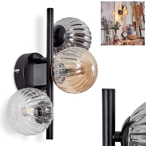 Wandleuchte Chehalis, Wandlampe aus Metall/Riffelglas in Schwarz/Rauch/Bernstein/Klar, Leuchte im Retro/Vintage-Design, Schirme aus Glas (Ø 10cm) u. An/-Auschalter am Gehäuse, 3x G9, ohne Leuchtmittel