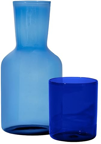 Humble Objects Glass Carafe and Cup Set | BPA Free, Dishwasher Safe, Durable & Lightweight | Ideal for Cold & Hot Beverages - Light Blue & Cobalt