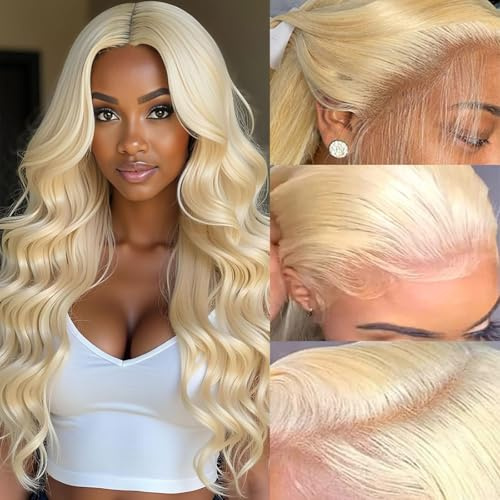 Arenshxc 13x4 Lace Front Perücke mit Echtem Haar 613 Blond Body Wave Handgebundene Knoten Lace Front Wig Blonde Human Hair Wig Body Wave Wig Brazilian Virgin Hair With Natural Hairline 14 Zoll