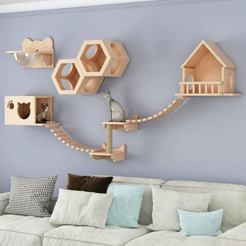 RTTZBOZ Cat Shelves for Wall Large Cats Set - Cat Tree Wall Mounted with Hexagon Shelf - Cat Climbing Frame - Wall Mounted Cat Furniture