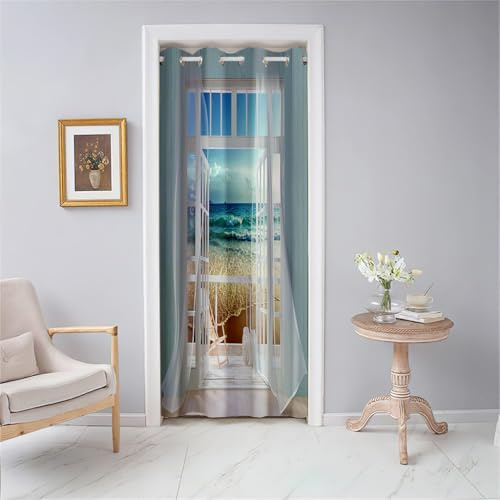 Odot Türvorhang Blickdicht mit Ösen, Verdunklungsvorhänge 1 Stück Thermovorhang mit Die Landschaft vor dem Fenster, Wohnzimmer Schlafzimmer Schrank Raumteiler Vorhang (117x138cm,Strand 1)