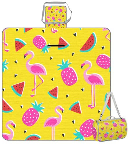 Mularoka Flamingo Picknickdecke, Wassermelone, Ananas, wasserdicht, sanddicht, faltbar, Stranddecke, 150 x 145 cm, extra groß, tragbar, waschbar, Outdoor-Matte für Camping, Park, Gras, Wandern, Reisen