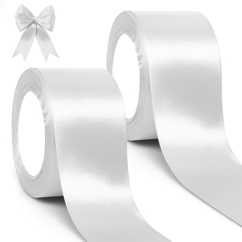 GXFCING Satinband Weiß 50mm, 46 Meters Geschenkband Breit Schleifenband, Weiss Stoffband Deko Band für Geschenkverpackung, Taufe, Geburtstag, Hochzeit, Weihnachten