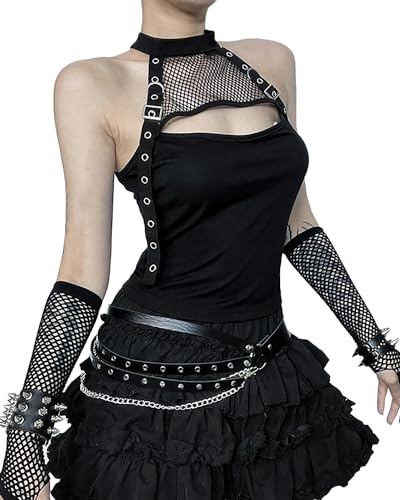 YINGWIN Damer crop top fisknät nät genombrutet nackhållare topp damer gotiska kläder damer, svart, XXL