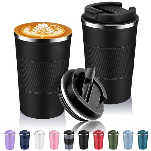 Volhoply Resekaffemugg, rostfritt stål, isolerad, flip-lock, återanvändbar, dubbelvägg, vakuum, kaffekopp, bärbar, läckagesäker, tumlare, varm och kall dryck, 385 ml (13 uns), svart, 2-pack