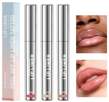 Huipalon 3 Pcs Lip Stain Peel Off Highly Pigmented Peel Off Lip Liner Tattoo Long Lasting Peel Off Lip Stain Waterproof Lip Liner Set (Rose Pink, Neutral Mauve, Brown)