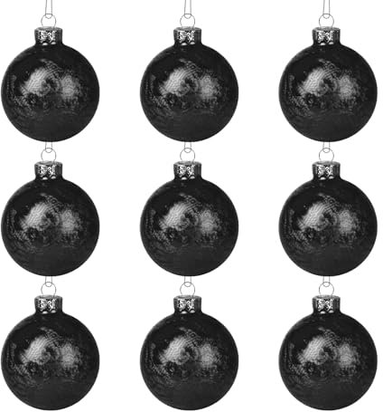 Weihnachtskugeln Schwarze Set 9 Stück, 8cm Christbaumkugeln Glas mit Eislack Oberfläche, Handgefertigt Anthraziten Glaskugeln Weihnachten mit Aufhänger für Modernes und Industrial Weihnachtsdeko