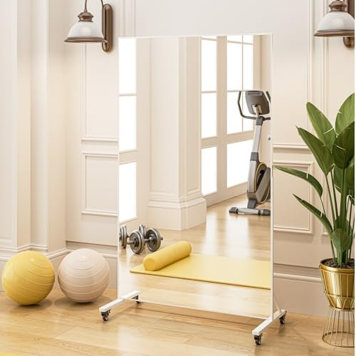 Home Gym Rolling Mirror 68 x 40, Extra Large Full Length Fitness Mirror, Big Mobile Tempered Glass Floor Mirror 360° Swivel on Wheels for Workout, Garage, Dance Studio & Yoga, Bedroom, White