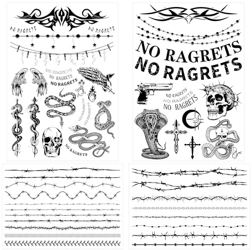 Temporary Fake Barbed Wire Tramp Stamp Realistic Tattoo Stickers for Adult Women Men,Neck Spine Wicked Tattoos for Halloween,Parties 4 sheets A (45+ styles)