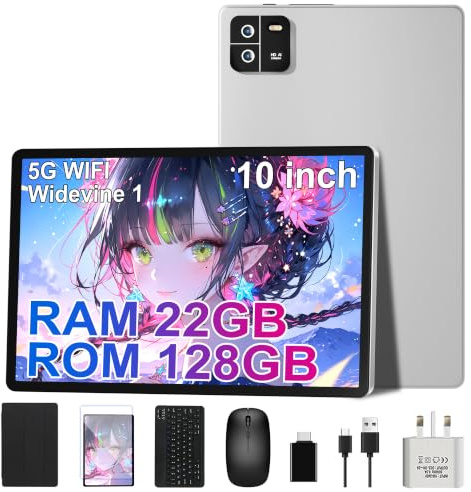 MIRGAMO Android Tablet 10 Inch, Tablets 22GB RAM+128GB ROM (TF 1TB) Octa-Core/1920 * 1200 pixel/5G+WiFi 6,Widevine L1/8000mAh,Bluetooth 5.0/GMS/8+16MP/Widgets/Tablet with Keyboard+Mouse -Silvery