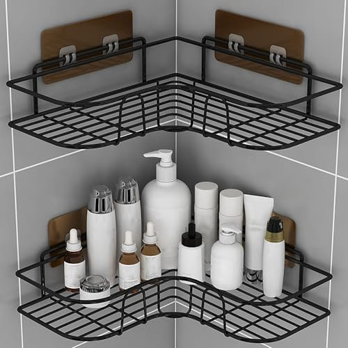 Mensola Doccia Angolare, 2 PCS Porta Oggetti Doccia da Appendere, Mensole Adesive Bagno, Portasapone ad Angolo Doccia da Appoggio, Multifunzionale Porta Shampoo(Nero)