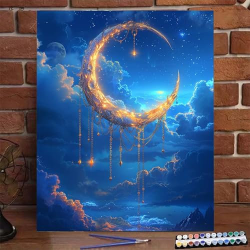 Pintar Numeros Adultos Cielo Estrellado, Cuadros para Pintar por Numeros DIY para Principiantes Adultos Luna, Pintar con Numeros con Pinceles Accesorios Pintura Acrílica, 50x65cm (con Bastidor) 7-Y