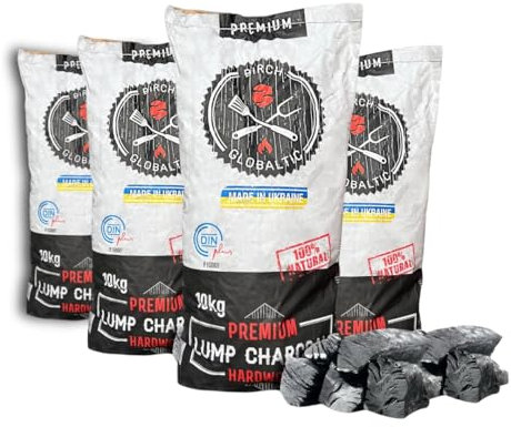 Globaltic Lot de 4 charbons de bois de bouleau pour barbecue, fumage et grillades Haute chaleur et faible teneur en cendres 10 kg