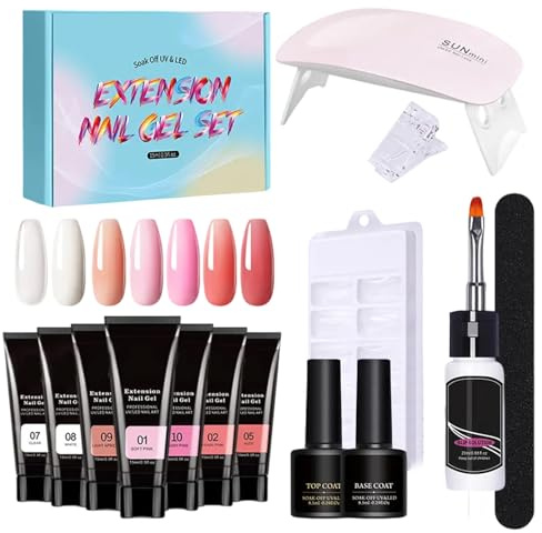 Kit de gel de uñas de poli, kit de uñas de poli - Gel conjunto con kit de uñas de poli de luz UV,7 colores engrosando el creador de soluciones Arte de la uña para principiantes y hogar