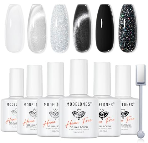 Modelones Smalto Semipermanente Unghie Nero Bianco 6 Colori Hema-free Cat Eye Magnetico Glitter Gel Smalto UV per Unghie Nail Art French Gel Nail Polish
