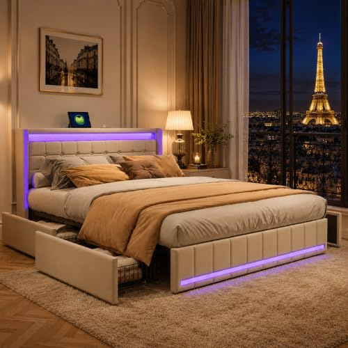 LIVLUX Lit 160x200 avec Sommier LED et USB,lit Double rembourré avec sommier à Lattes et 4 Tiroirs,lit 2 Personnes pour Adultes et Adolescents,Lin (Beige, 160 x 200 cm)